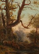 ENGLISH SCHOOL (19TH CENTURY), DEER BY A RIVER, signed lower right, oil on canvas, framed.