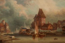 CHARLES GREGORY (1847-1920), HARBOUR AND TOWN, signed and dated 1883? lower left, oil on canvas,