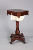 AN EARLY VICTORIAN ROSEWOOD WORK TABLE, the hinged rectangular top with canted corners,