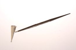 A SILVER CANDLE SNUFFER, Birmingham 1985, with turned hardwood handle.