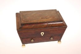 A GEORGE III MAHOGANY SEWING BOX, the hinged caddy top with chequered stringing,