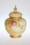 A ROYAL WORCESTER BLUSH IVORY POT POURRI VASE, with crown cover and inner lid,
