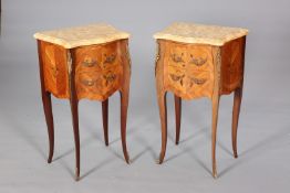 A PAIR OF FRENCH MARBLE-TOPPED AND INLAID TABLES, each with two drawers and inlaid with foliage.