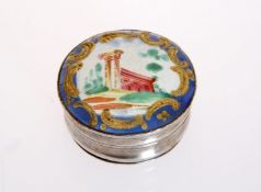 AN EARLY 19th CENTURY ENAMEL AND SILVER-PLATED PATCH BOX,