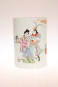 A CHINESE FAMILLE ROSE BRUSH POT, cylindrical, enamel painted with figures and objects,