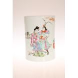 A CHINESE FAMILLE ROSE BRUSH POT, cylindrical, enamel painted with figures and objects,