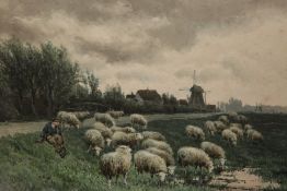 DUTCH SCHOOL (19TH CENTURY), SHEPHERD AND HIS FLOCK, signed lower left Hoedt?, watercolour,