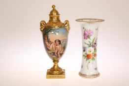 A DRESDEN PAINTED AND GILDED PEDESTAL VASE AND COVER, LATE 19TH CENTURY,