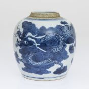 A CHINESE BLUE AND WHITE JAR, painted with a four clawed dragon chasing a large pearl.