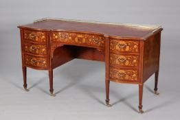 AN EDWARDIAN FLORAL MARQUETRY AND MAHOGANY DESK,