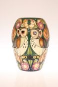 A MOORCROFT "PATH OF THE JUST OWL" VASE, first quality.