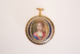 A GEORGE III SILVER-GILT AND ENAMEL PAIR CASED OPEN FACE PORTRAIT POCKET WATCH,