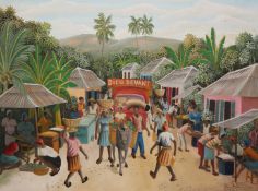 RONY LEONIDAS (HAITIAN, 1946-2012), BUSY MARKET, signed lower right, oil on canvas, framed.