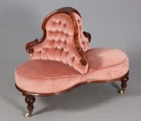 A VICTORIAN MAHOGANY AND UPHOLSTERED LOVE SEAT, of clover leaf outline,