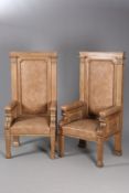 A HANDSOME PAIR OF VICTORIAN LIMED OAK AND LEATHER UPHOLSTERED ARMCHAIRS,