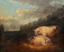 ATTRIBUTED TO GEORGE MORLAND (1763-1804), PIGS IN YARD, bears inscription verso, oil on canvas,