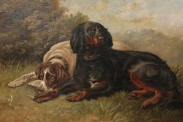 W*** H*** KNIGHT, TWO DOGS IN A LANDSCAPE, signed lower right, oil on board, unframed. 28cm by 40.