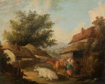 J*** S*** KITCHEN, CATTLE AND FIGURES BESIDE THATCHED DWELLINGS, signed lower right, oil on canvas,