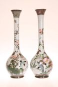 A PAIR OF JAPANESE CLOISONNE ENAMEL BOTTLE VASES, each decorated with birds on blossoming boughs,