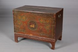 A PAINTED BOX ON STAND, the front painted in Oriental style with foliage and cranes,
