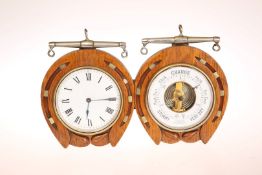 AN EDWARDIAN OAK AND BRASS DESK CLOCK AND BAROMETER, each with white enamel dial,