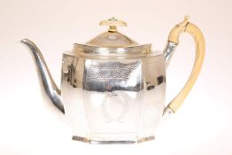 A GEORGE III SILVER TEAPOT, LONDON 1804, maker's mark indistinct, of faceted oval form,
