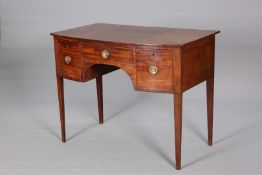 A GEORGE III MAHOGANY BOW-FRONTED DRESSING TABLE, with three drawers, raised on square section legs.