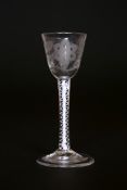 AN 18TH CENTURY WINE GLASS, the round funnel engraved in the Jacobite style with insect and foliage,