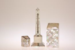 A COLLECTION OF VICTORIAN MOTHER-OF-PEARL OBJECTS, comprising obelisk thermometer,