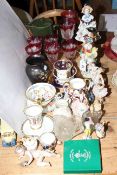 Sitzendorf and other figures, cabinet cups and saucers, glassware,