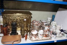 Brass log box, pair of Oriental brass dogs, pair of binoculars, teawares, Aynsley,
