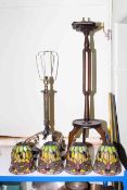Oak smokers stand, corinthian column lamp, four Tiffany style shades,