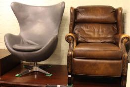 Brown leather and brass studded reclining chair and retro style swivel chair (2)