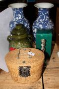 Pair of large Chinese pate-sur-pate blue and white vases, Chinese tea for two in wicker basket, W.