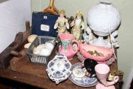 Two vintage planes, tennis rackets, pair of bisque figures, Maling and other china,