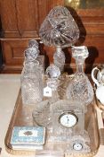 Two Waterford crystal mantel clocks, crystal table lamp,
