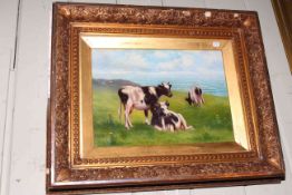 English School, Cattle on a Clifftop Meadow, unsigned, oil on board, 25.5cm by 35.