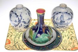 Royal Doulton plate, Delft vases,