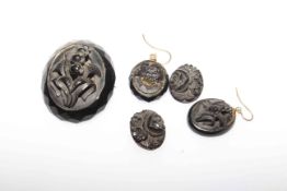 Five Whitby jet pieces including brooch