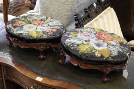 Pair Victorian mahogany oval footstools with needlework tops