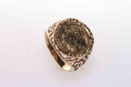 9 carat gold ring with coin mount, 2.