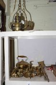Collection of brassware including hanging lamp, chamber sticks, kettle, fire irons,