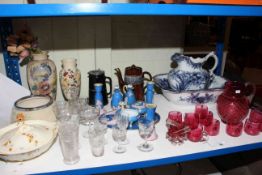 Cranberry glassware, toilet jug and basin, vases, trinket set,