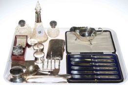 Silver pieces including cigar case, napkin rings, inkwell, sauce boat, scent bottles, tea knives,