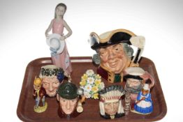 Five Royal Doulton character jugs, Lladro girl with hat, Mr & Mrs Bunnykins figures,