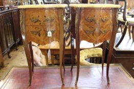 Pair French marble topped and inlaid two drawer pedestals,