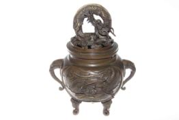 Japanese bronze koro and cover with relief dragon and creatures decoration,