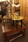 Hardwood and brass mounted coffee table, brass topped folding table, wine rack,