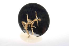 Art Deco gilded bronze figure of a dancer reflected in circular mirror, on marble base,