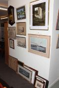 Collection of framed paintings and prints including Peter Scott signed print, map prints,